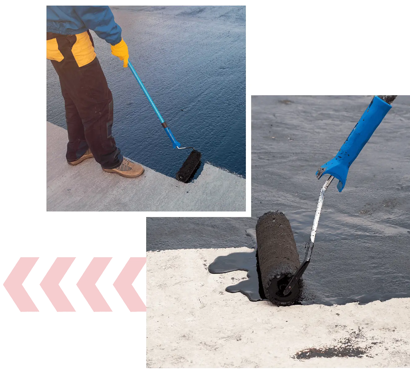 Worker rolling black waterproof coating on concrete