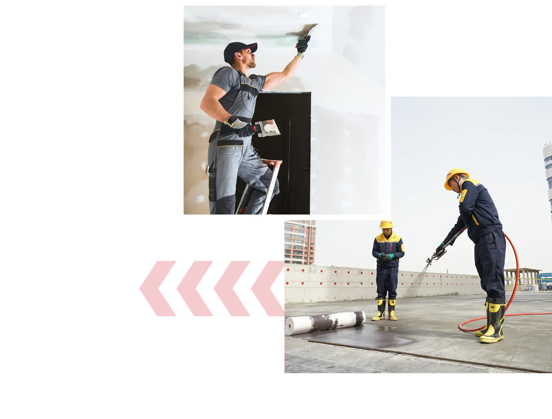 Construction workers plastering ceiling and sealing rooftop