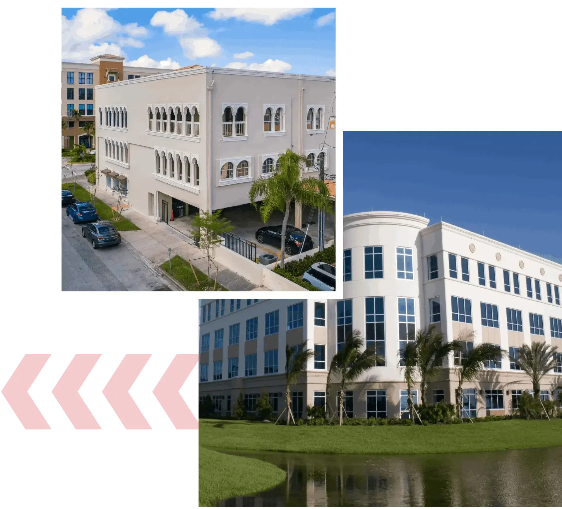 Overlapping photos of white office buildings with palms